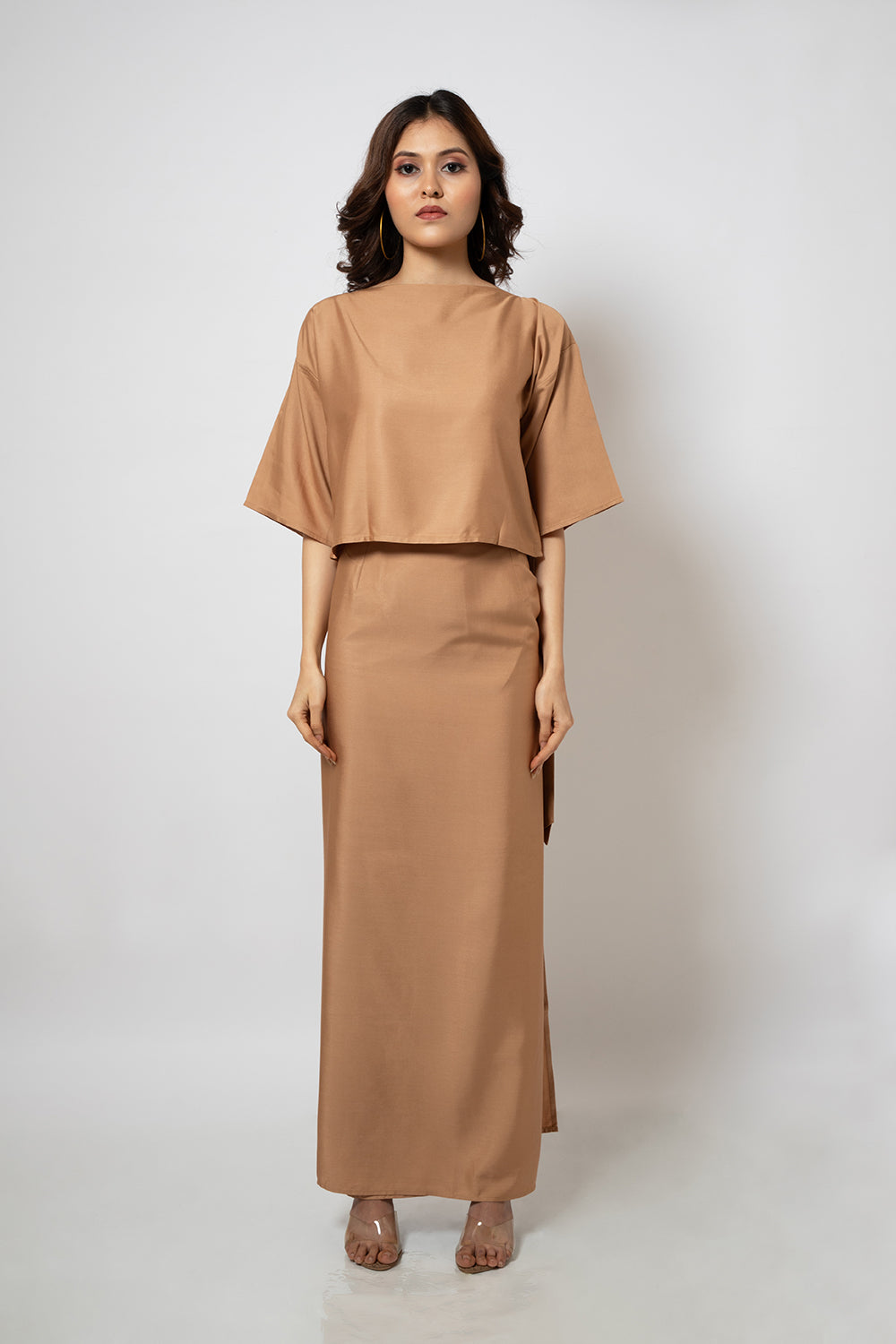 5. A Beige cotton silk blend co-ord crop top and skirt set