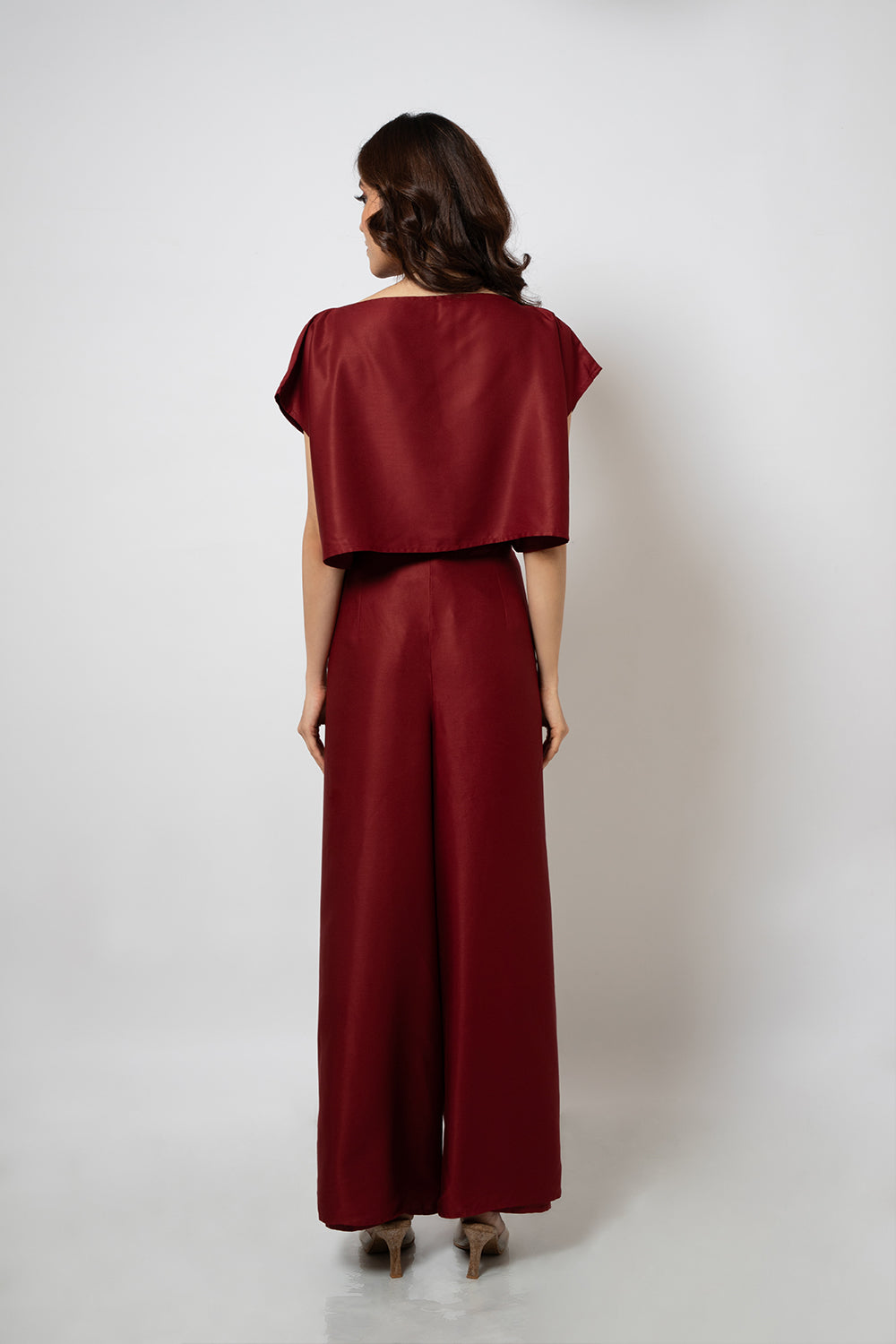 A zero waste red cotton blend crop top and pants co-ord set