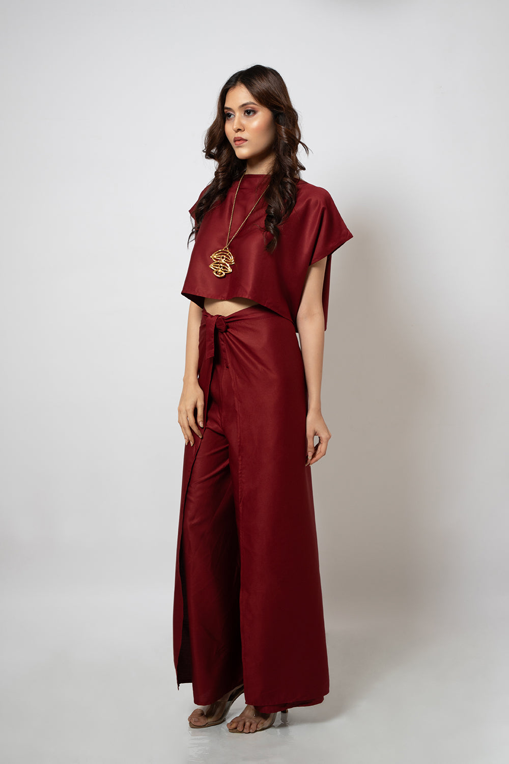 8. A zero waste red cotton blend crop top and pants co-ord set