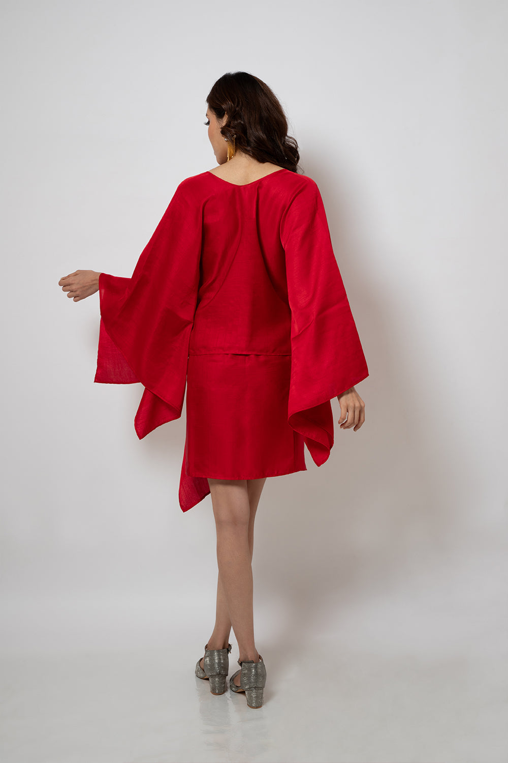 A Red silk blend zero waste co-ord set