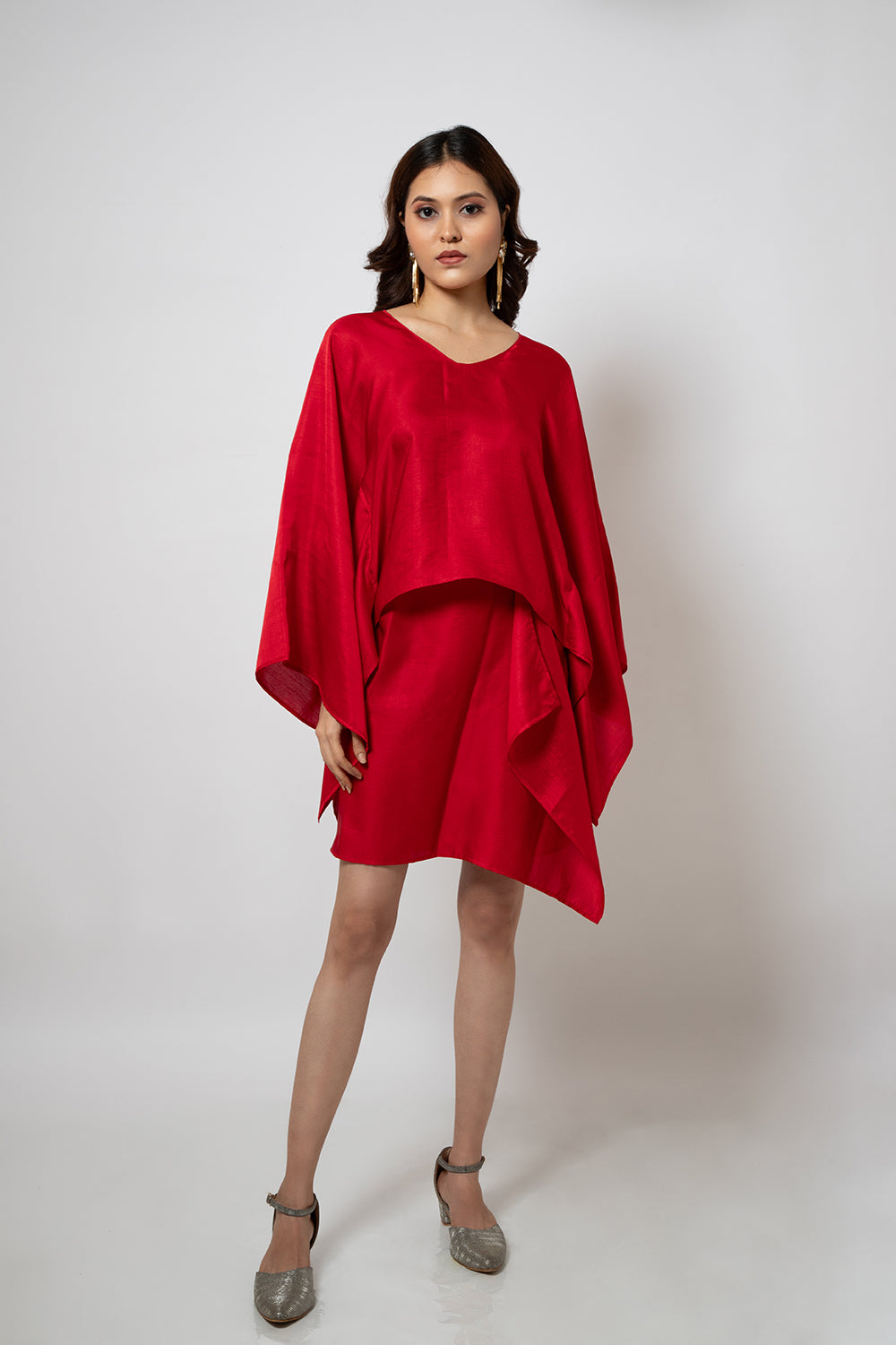 A Red silk blend zero waste co-ord set