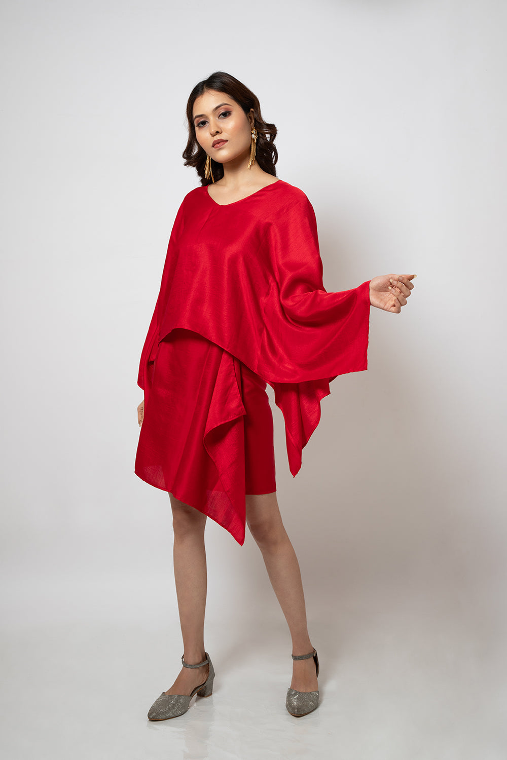 A Red silk blend zero waste co-ord set
