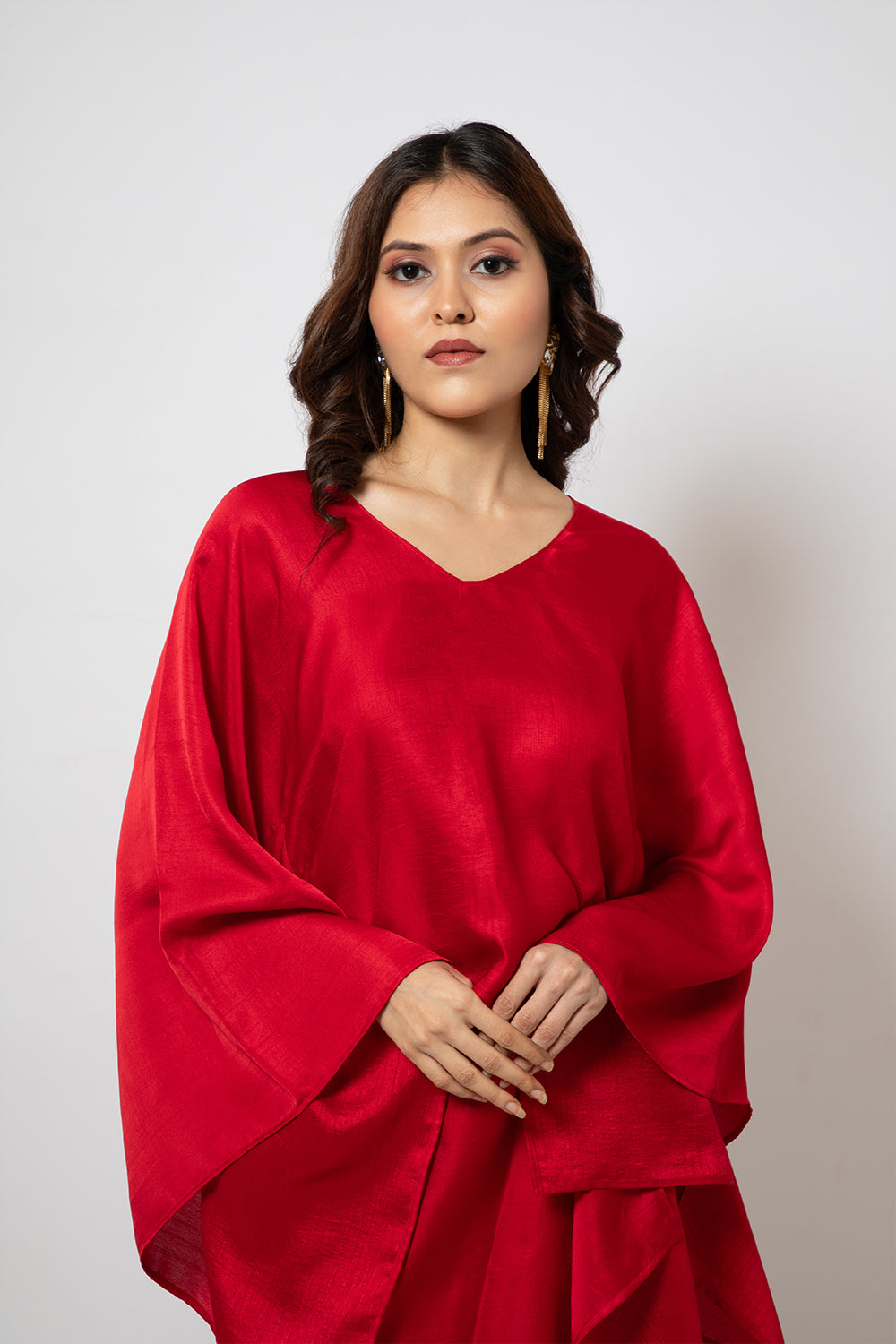 A Red silk blend zero waste co-ord set