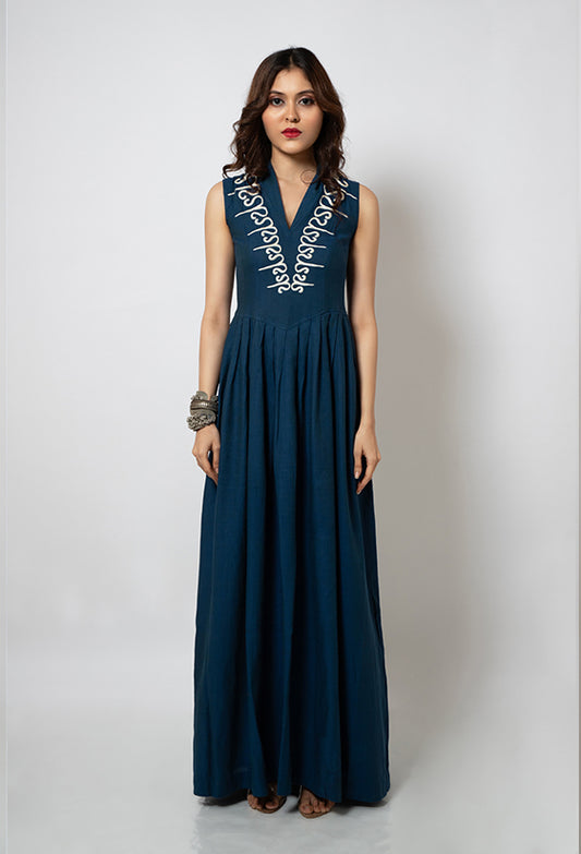 Blue Cotton Dress with Resham Hand Embroidery (Teal Blue)