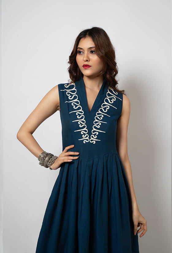 Blue Cotton Dress with Resham Hand Embroidery (Teal Blue)