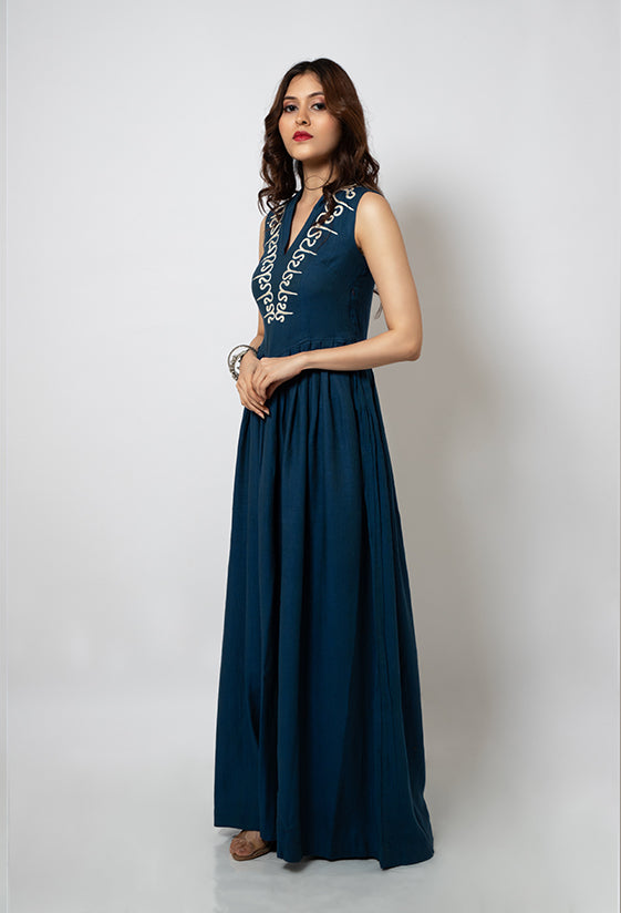 Blue Cotton Dress with Resham Hand Embroidery (Teal Blue)