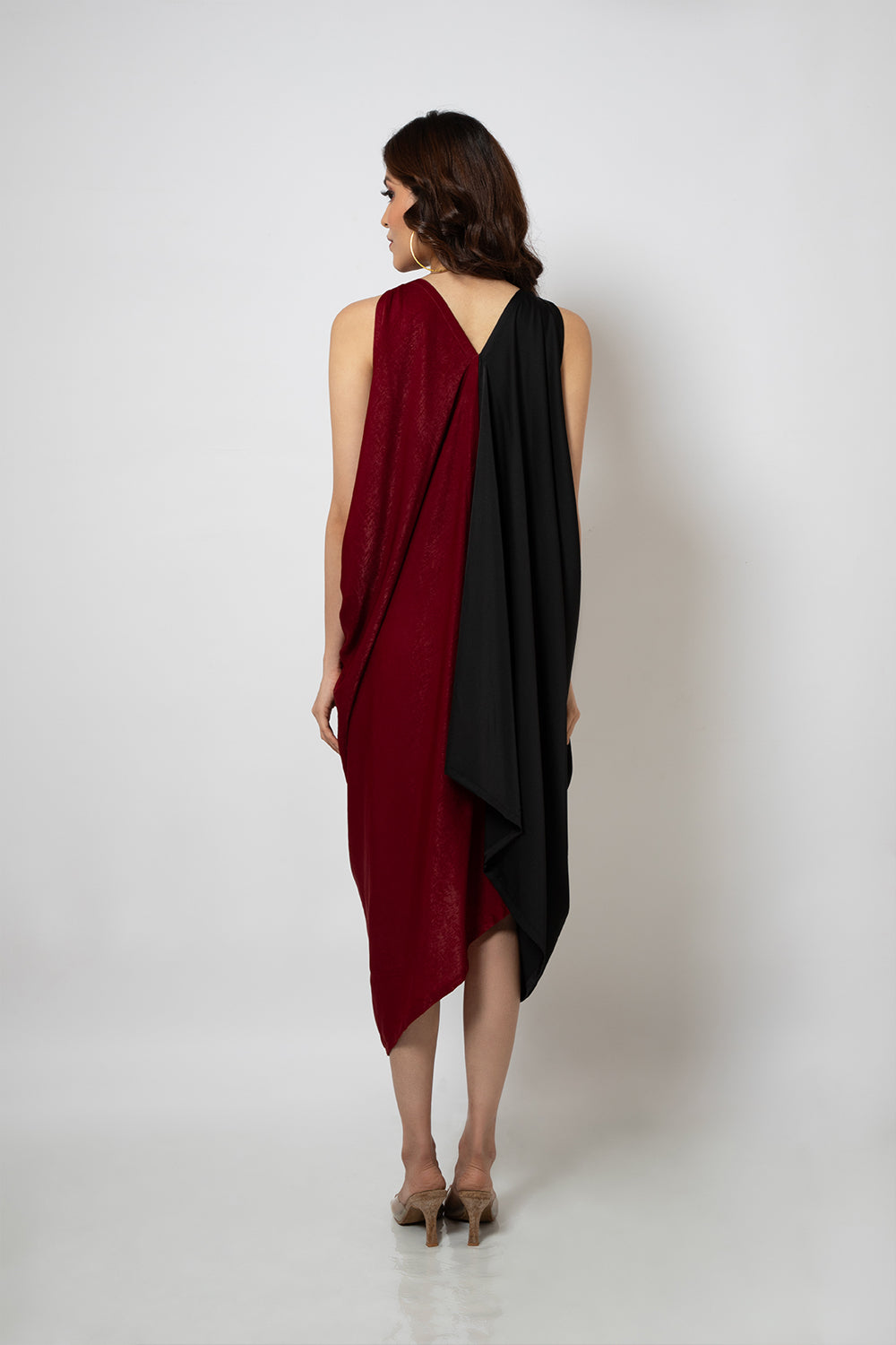 93. Asymmetrical silk blend half red and half black dress