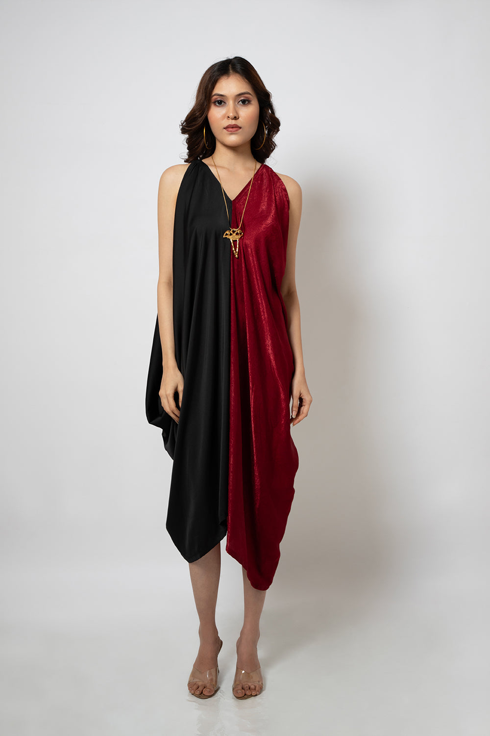 93. Asymmetrical silk blend half red and half black dress