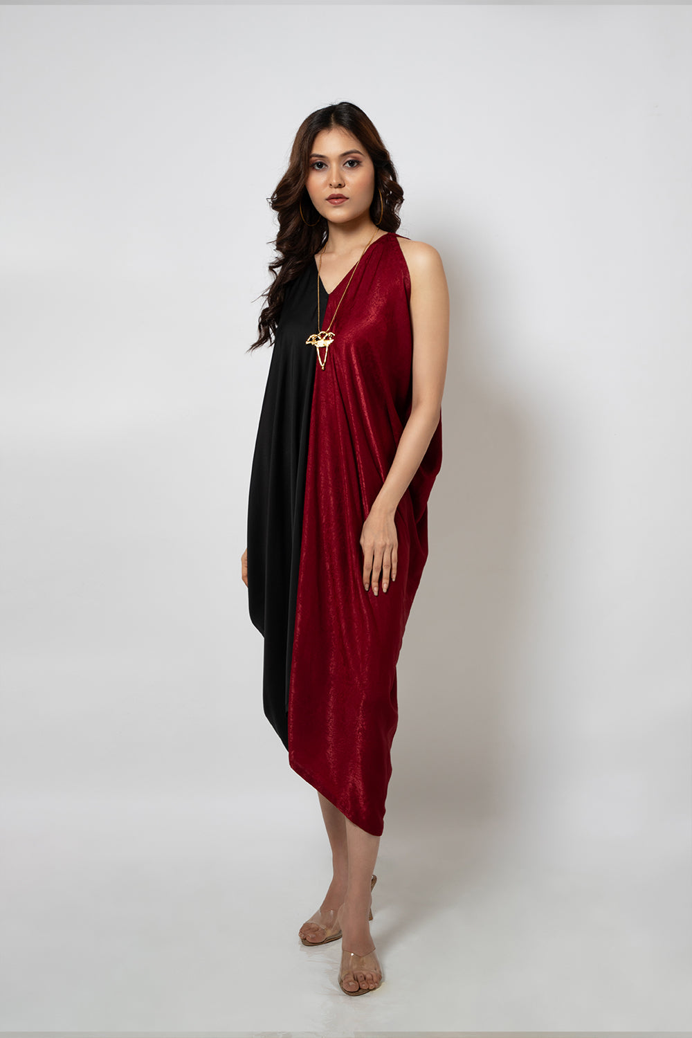 93. Asymmetrical silk blend half red and half black dress