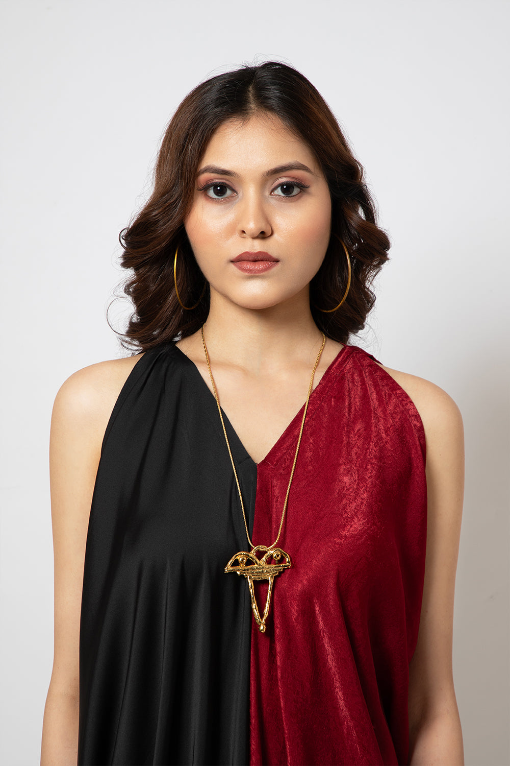 Asymmetrical silk blend half red and half black dress