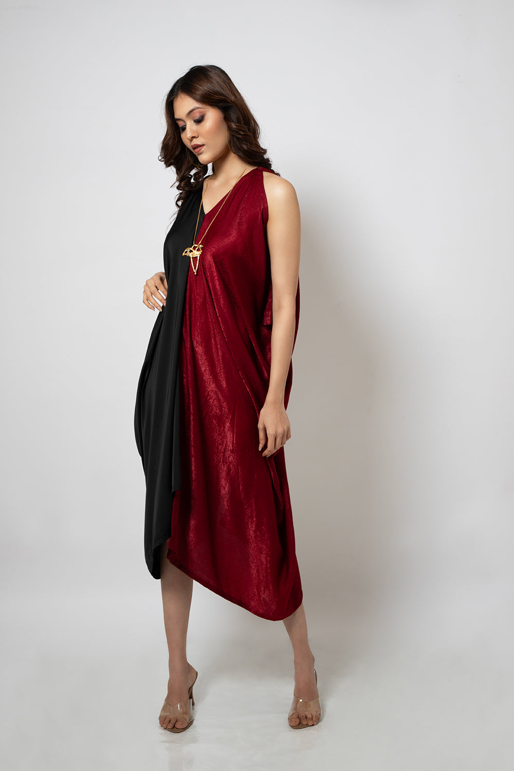 93. Asymmetrical silk blend half red and half black dress