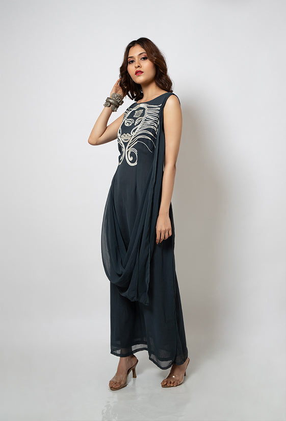 Grey georgette dress with exclusive artwork hand embroidery