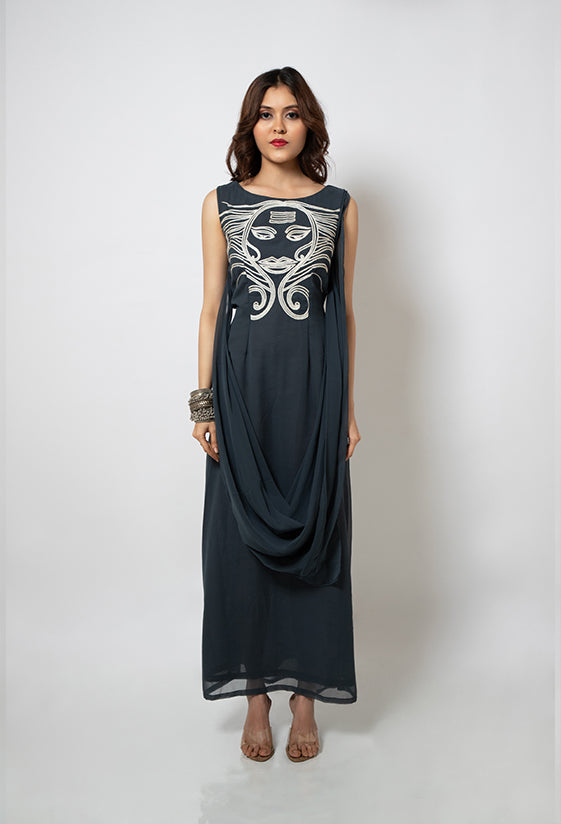 Grey georgette dress with exclusive artwork hand embroidery