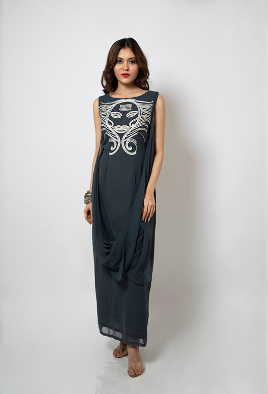 Grey georgette dress with exclusive artwork hand embroidery