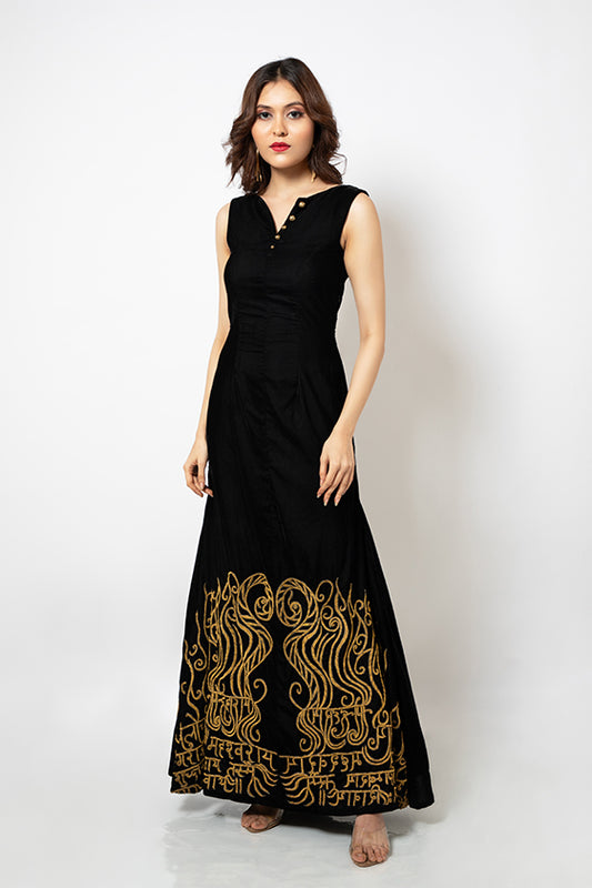 Black velvet gown with exclusive dabka hand embroidery