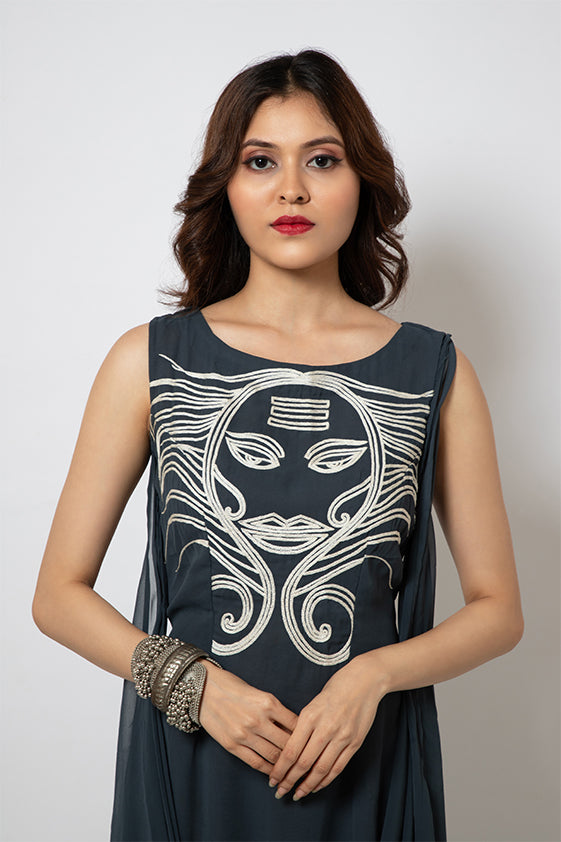 Grey georgette dress with exclusive artwork hand embroidery