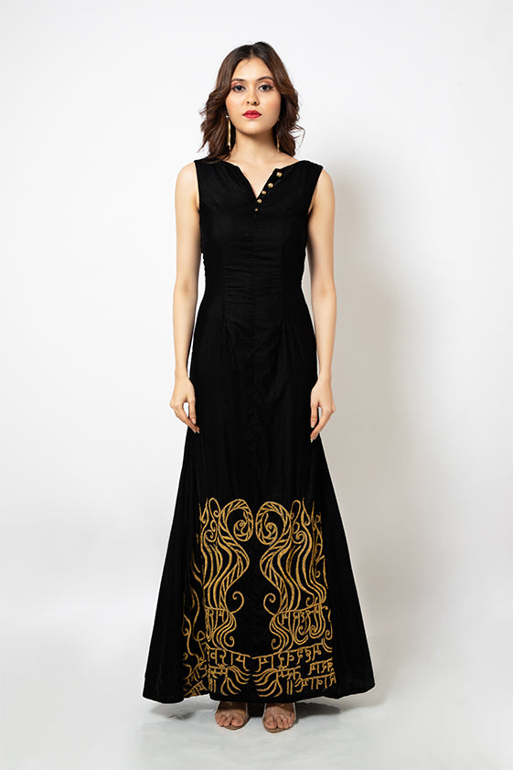 Black velvet gown with exclusive dabka hand embroidery