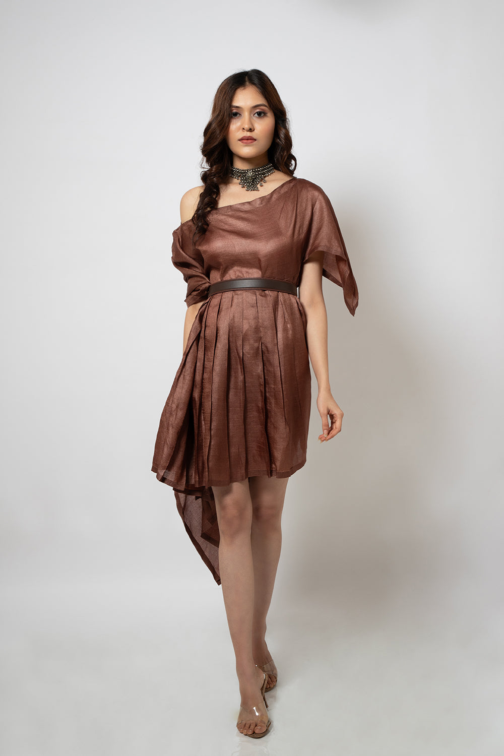 94. A Brown silk blend zero waste dress