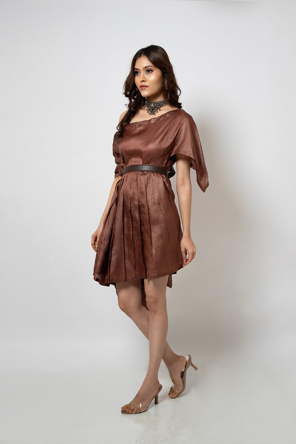 94. A Brown silk blend zero waste dress