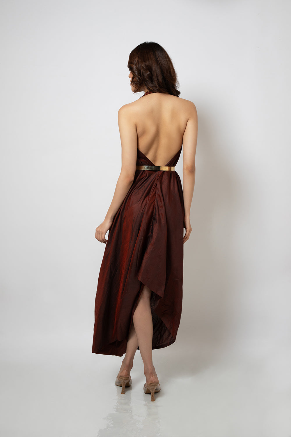 92. Maroon zero waste halter neck silk blend dress