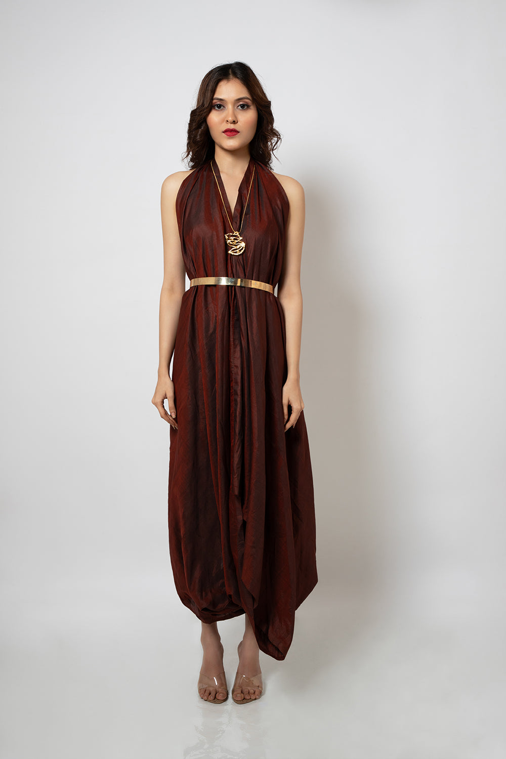 92. Maroon zero waste halter neck silk blend dress