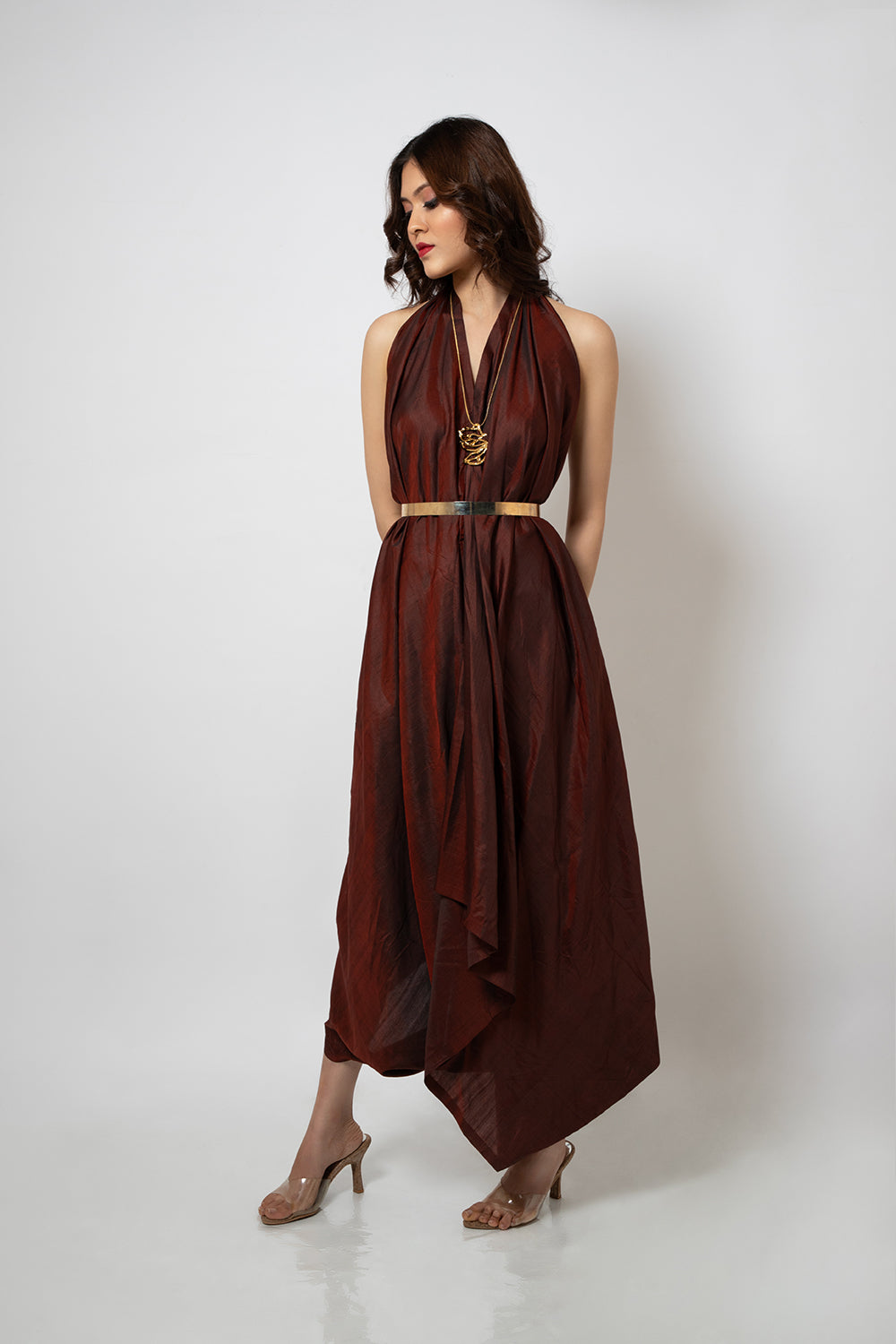 92. Maroon zero waste halter neck silk blend dress