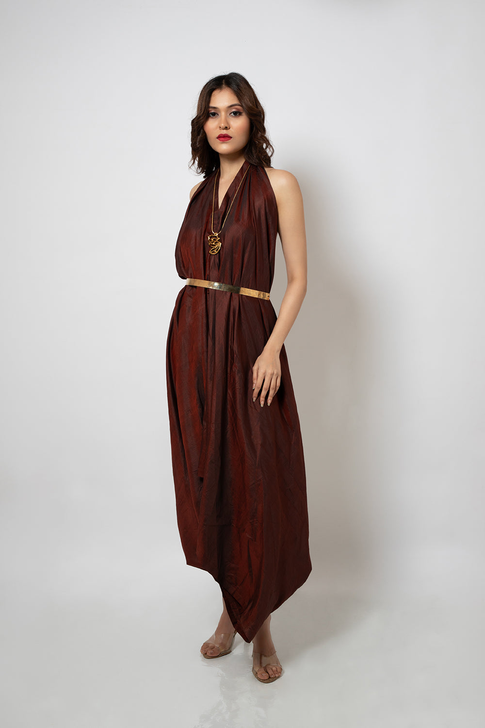 92. Maroon zero waste halter neck silk blend dress