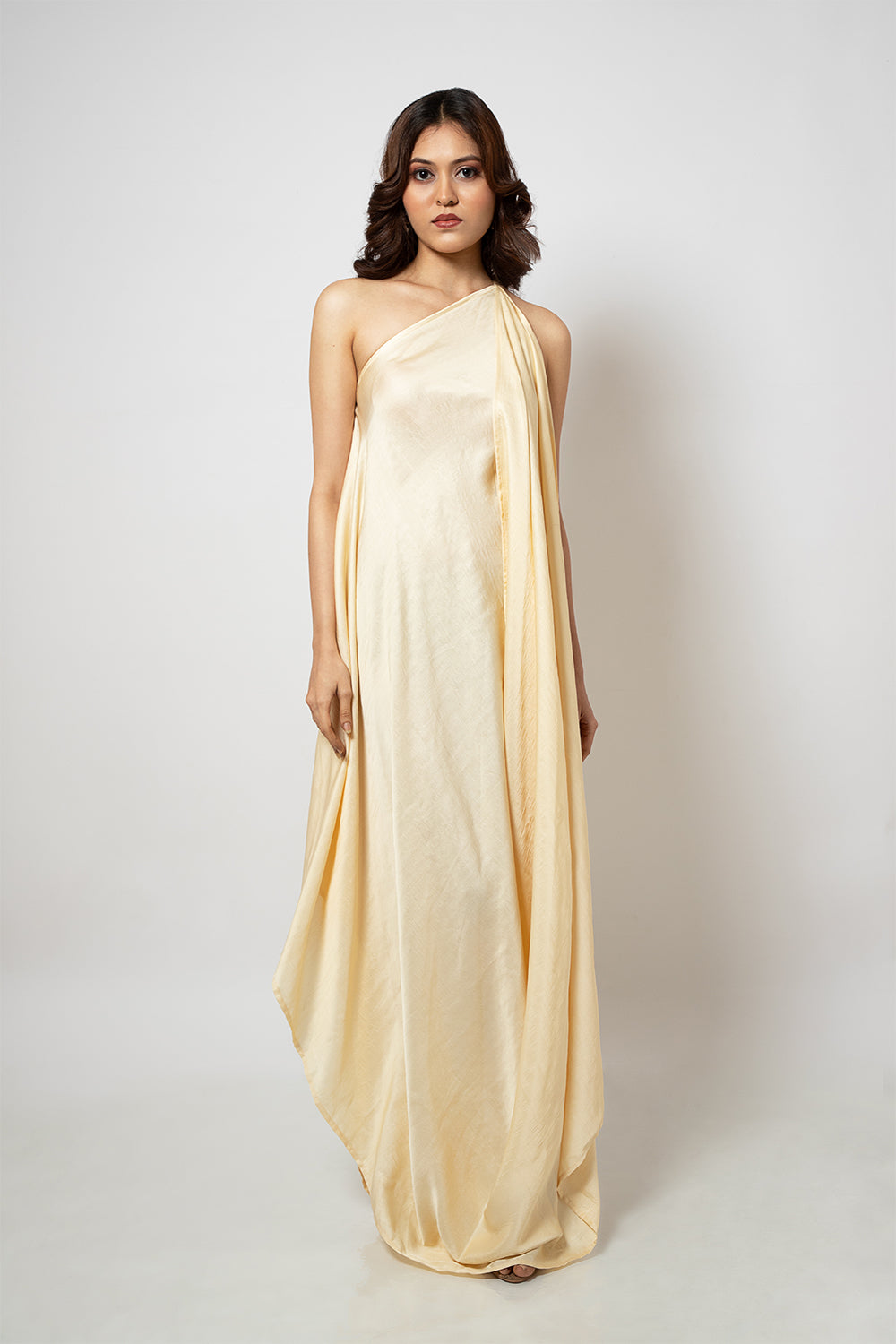 3. A zero waste one shoulder silk blend off white dress