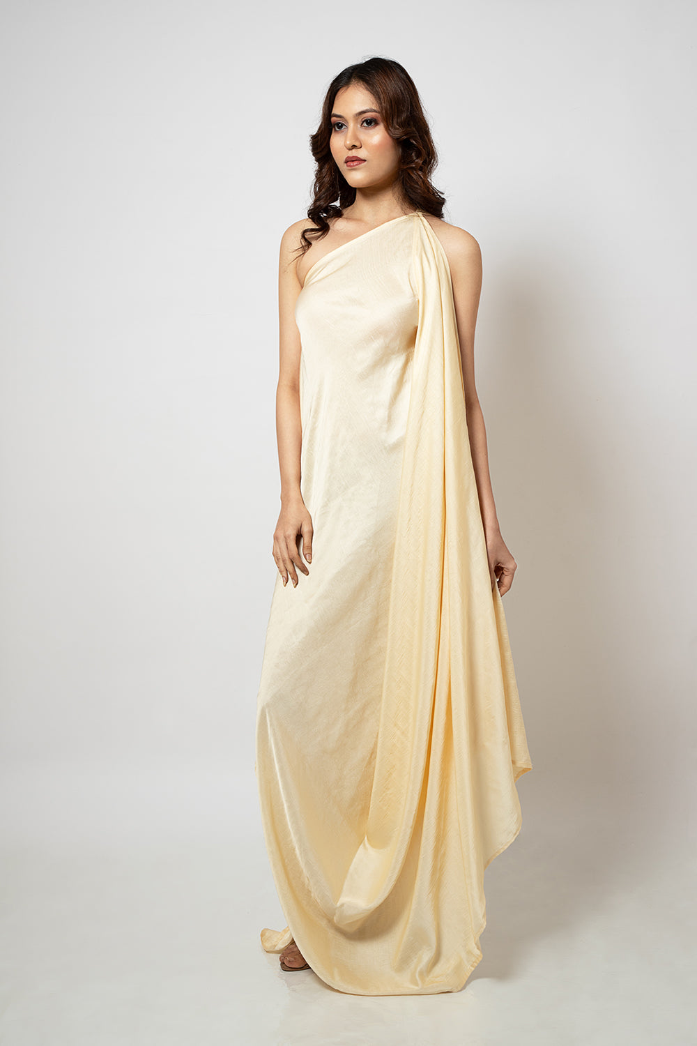 3. A zero waste one shoulder silk blend off white dress