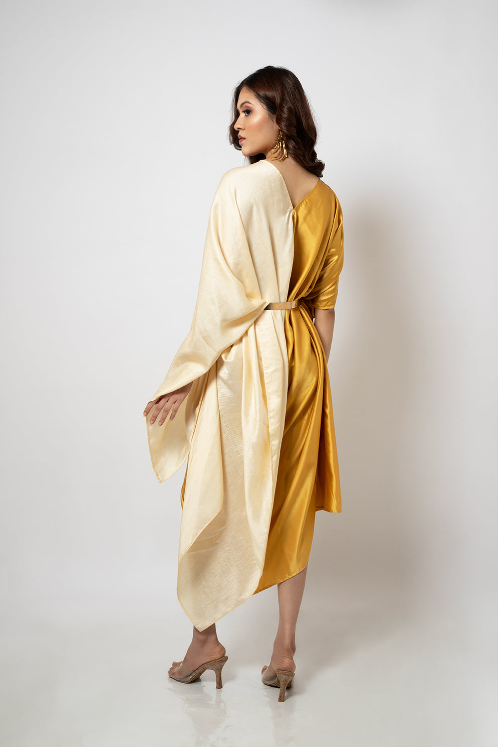 1. A zero waste asymmetrical satin  &silk blend off white & yellow dress