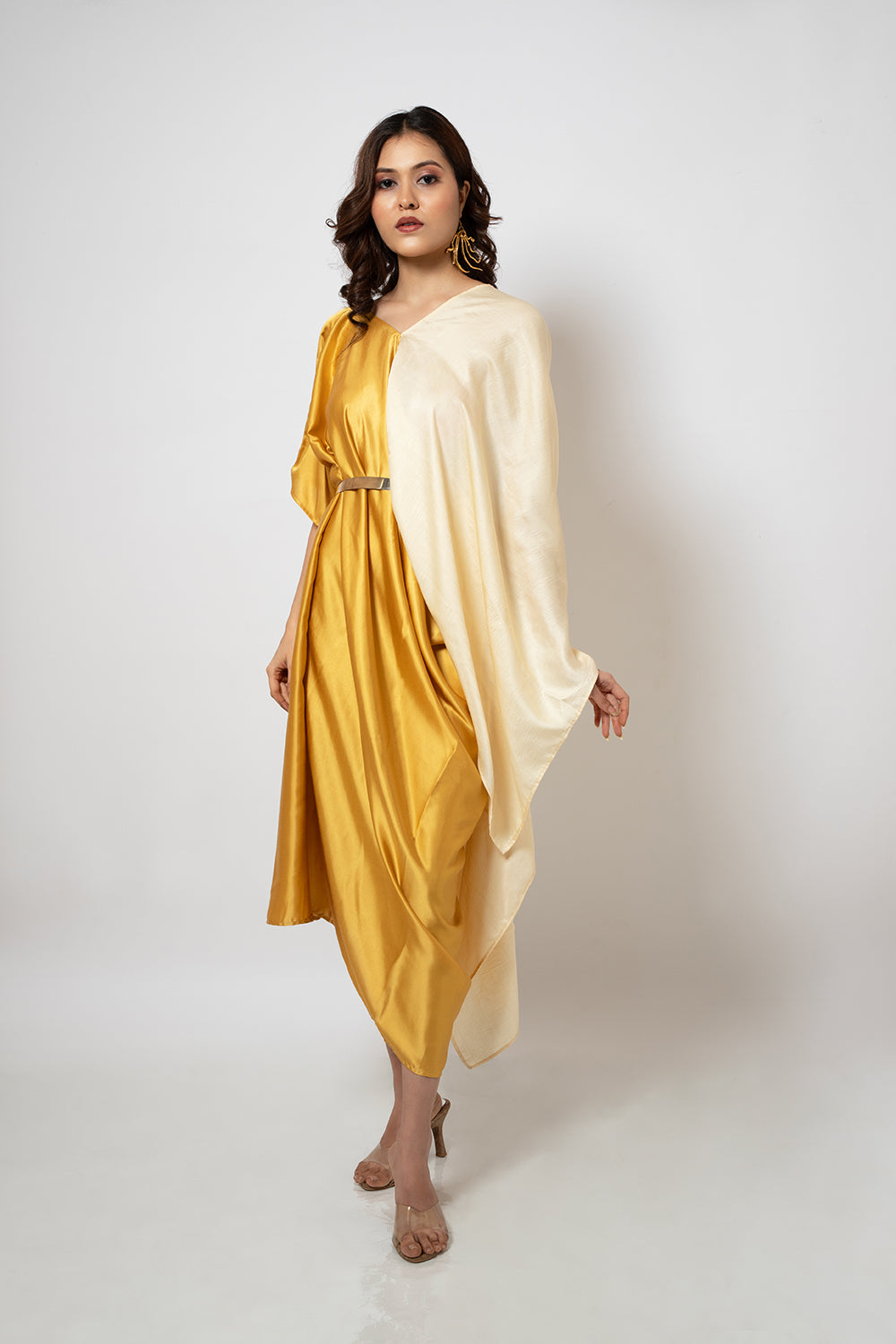 1. A zero waste asymmetrical satin  &silk blend off white & yellow dress