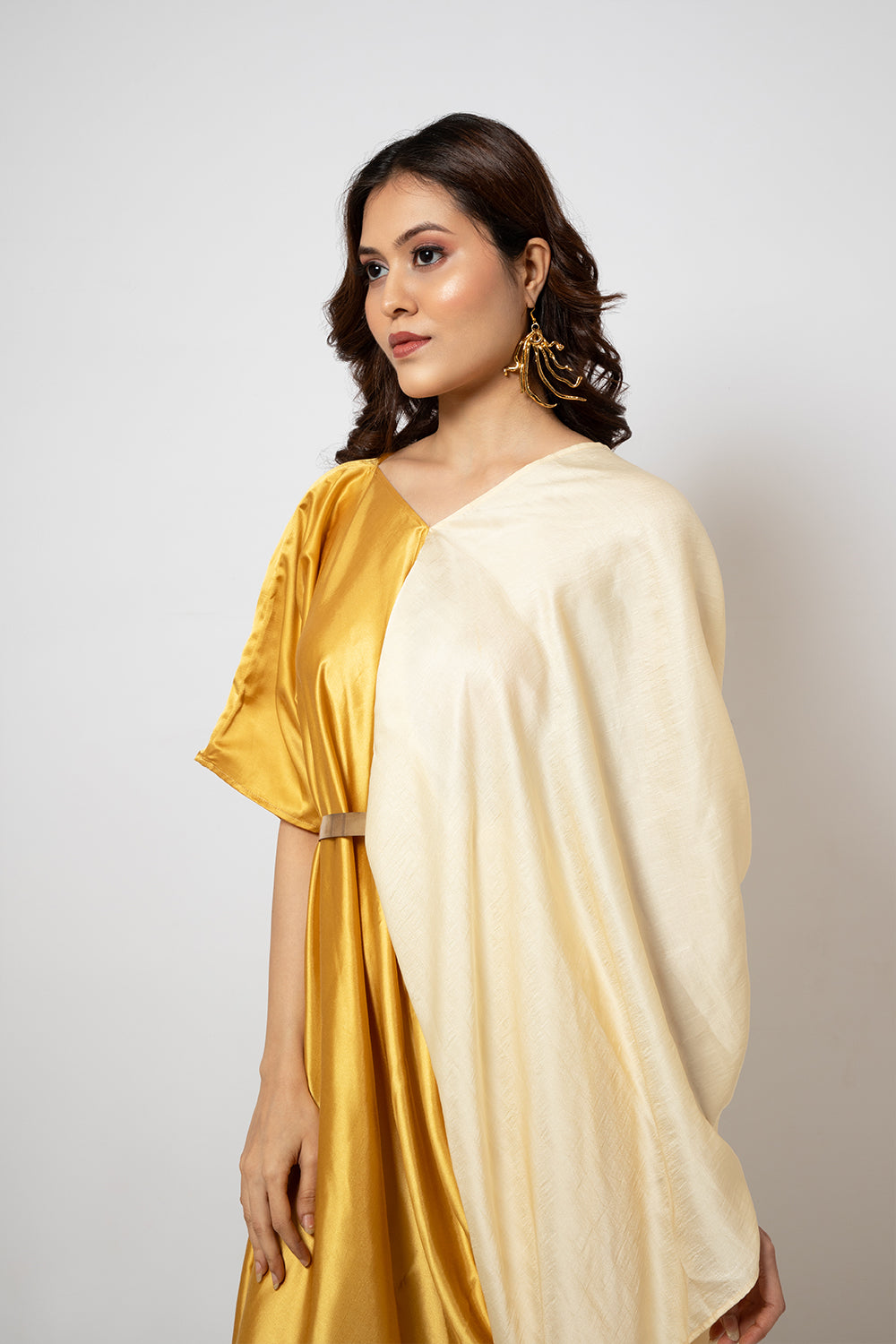 1. A zero waste asymmetrical satin  &silk blend off white & yellow dress