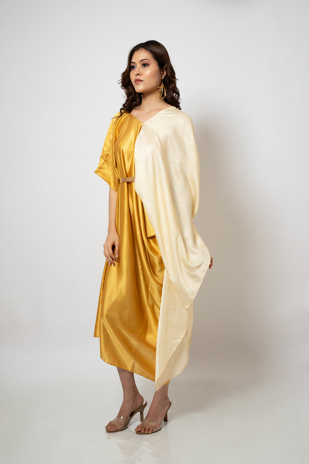 1. A zero waste asymmetrical satin  &silk blend off white & yellow dress