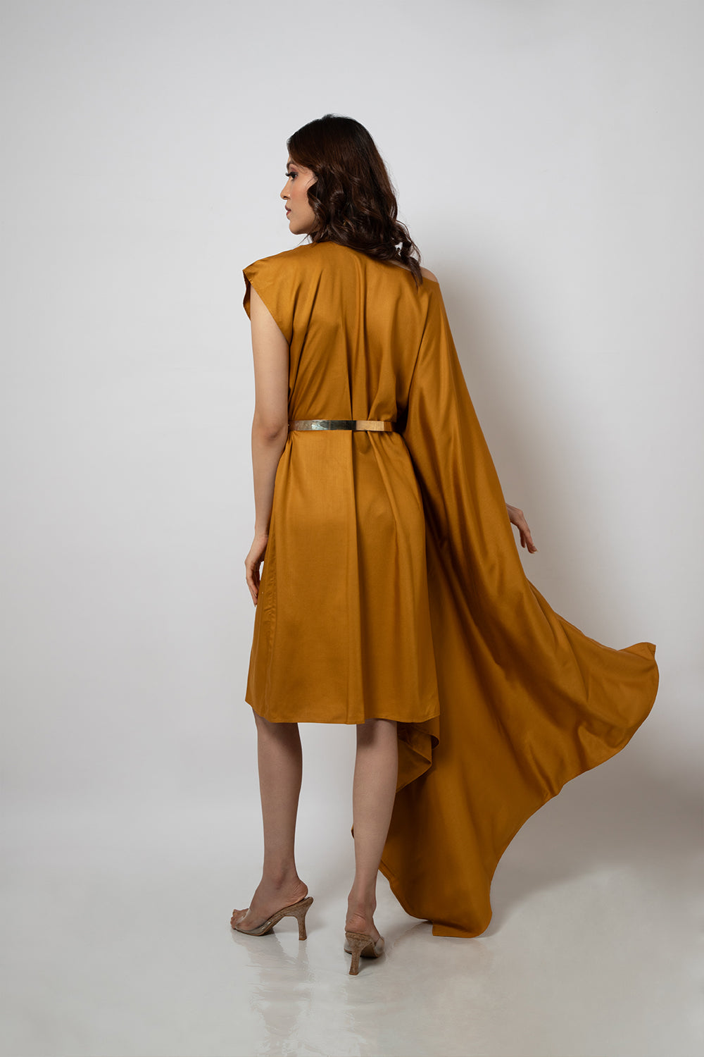7. Asymmetrical mustard zero waste cotton blend dress