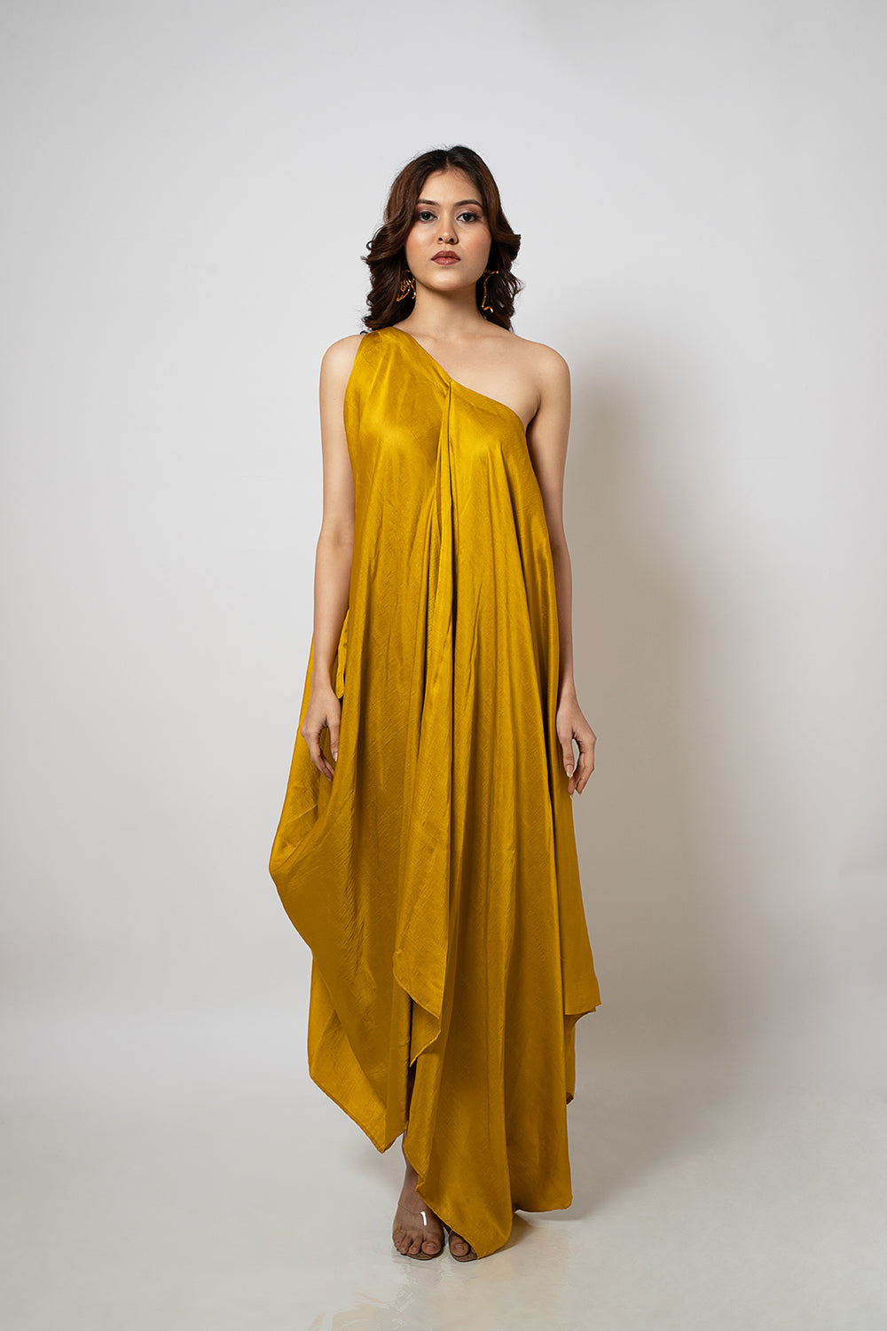 2. A zero waste one shoulder mustard yellow dress