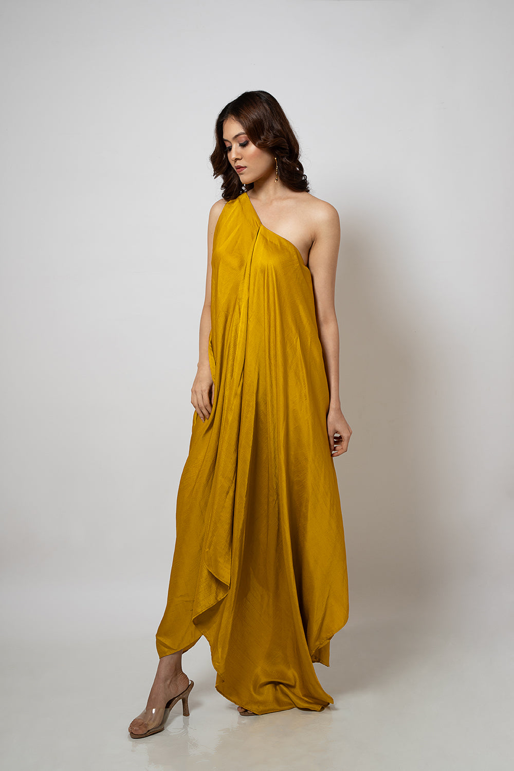 2. A zero waste one shoulder mustard yellow dress