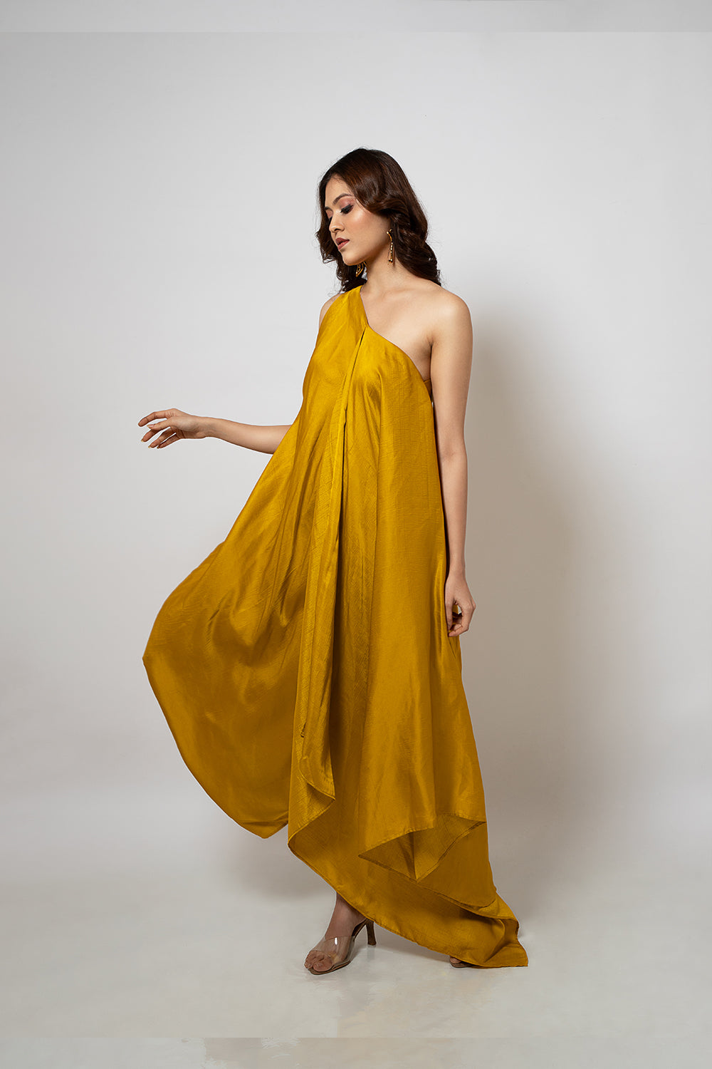 2. A zero waste one shoulder mustard yellow dress