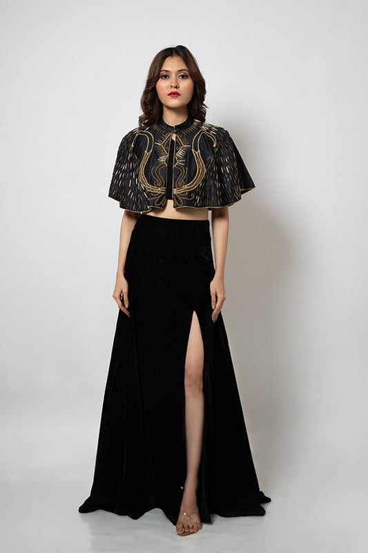 Black Hand embroidered silk cape with velvet slit skirt