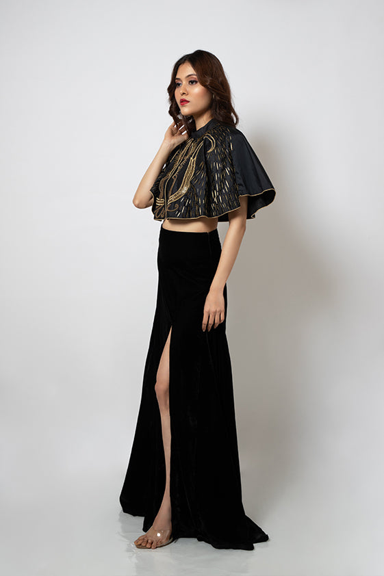 Black Hand embroidered silk cape with velvet slit skirt