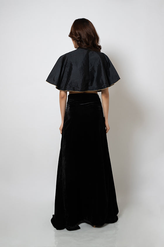 Black Hand embroidered silk cape with velvet slit skirt