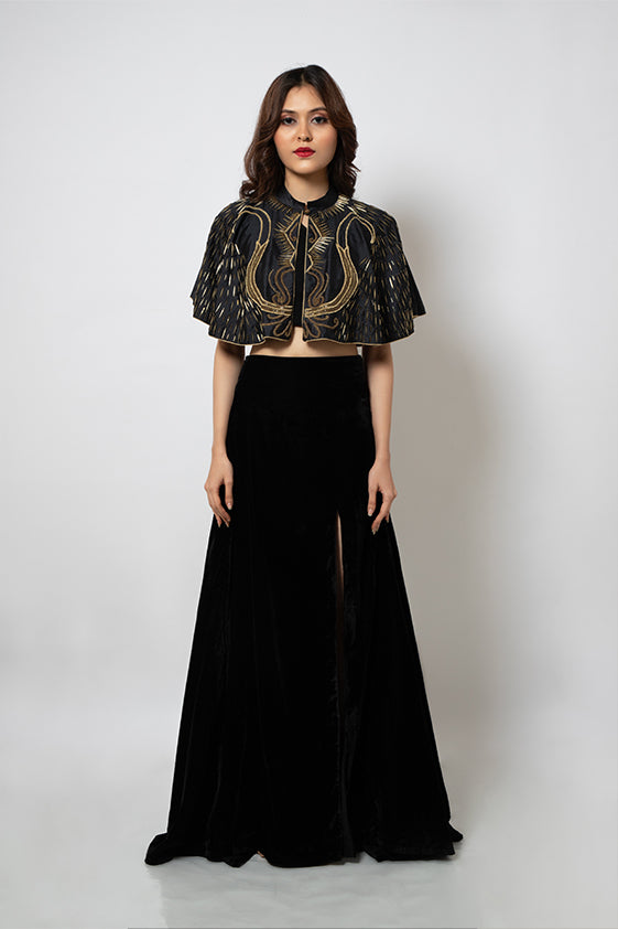 Black Hand embroidered silk cape with velvet slit skirt