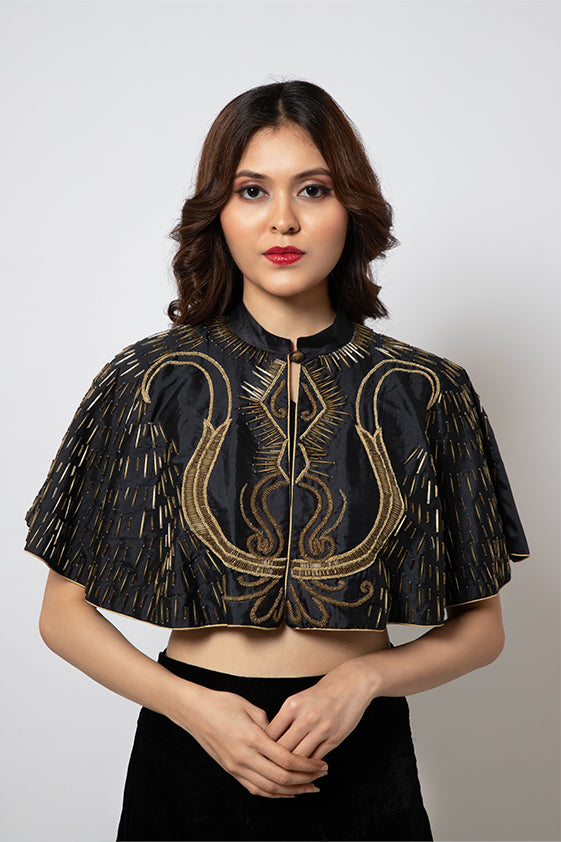 Black Hand embroidered silk cape with velvet slit skirt