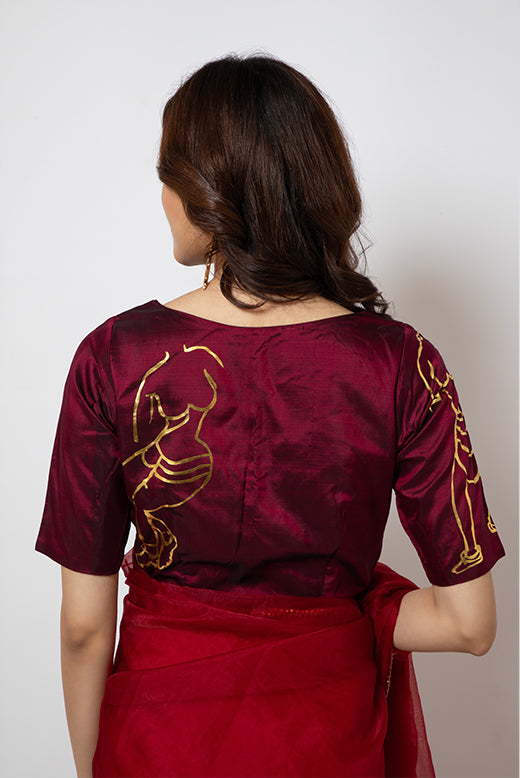 Organza Saree with gotapatti border and silk blouse hand painted with artwork inspired from Indian art