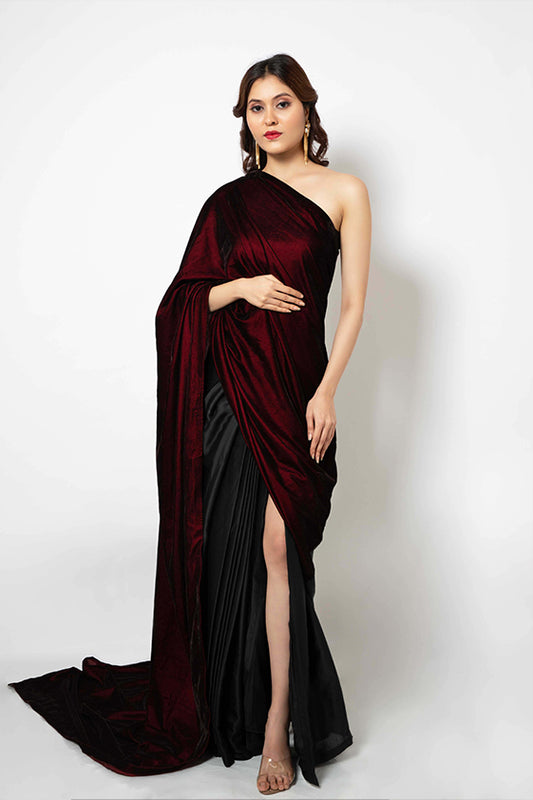 Pre-stitched velvet & cotton satin saree