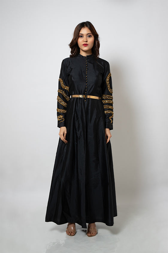 Black Silk Blend Long Jacket Dress with exclusive serpent hand embroidery on sleeves