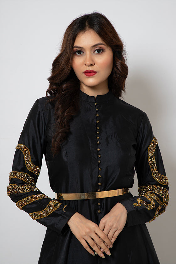 Black Silk Blend Long Jacket Dress with exclusive serpent hand embroidery on sleeves