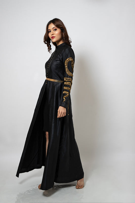 Black Silk Blend Long Jacket Dress with exclusive serpent hand embroidery on sleeves