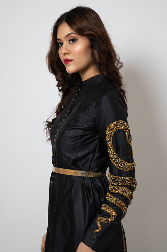 Black Silk Blend Long Jacket Dress with exclusive serpent hand embroidery on sleeves