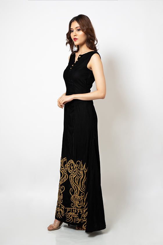 Black velvet gown with exclusive dabka hand embroidery