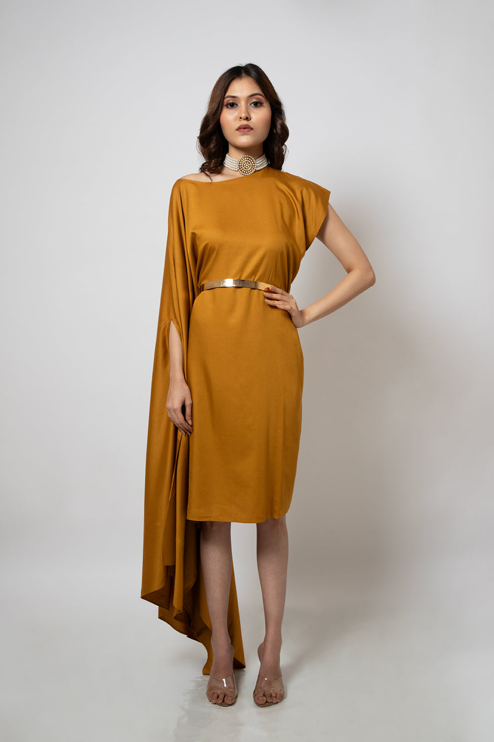 Asymmetrical mustard zero waste cotton blend dress Emotive Asymmetrical mustard zero waste cotton blend dress Emotive